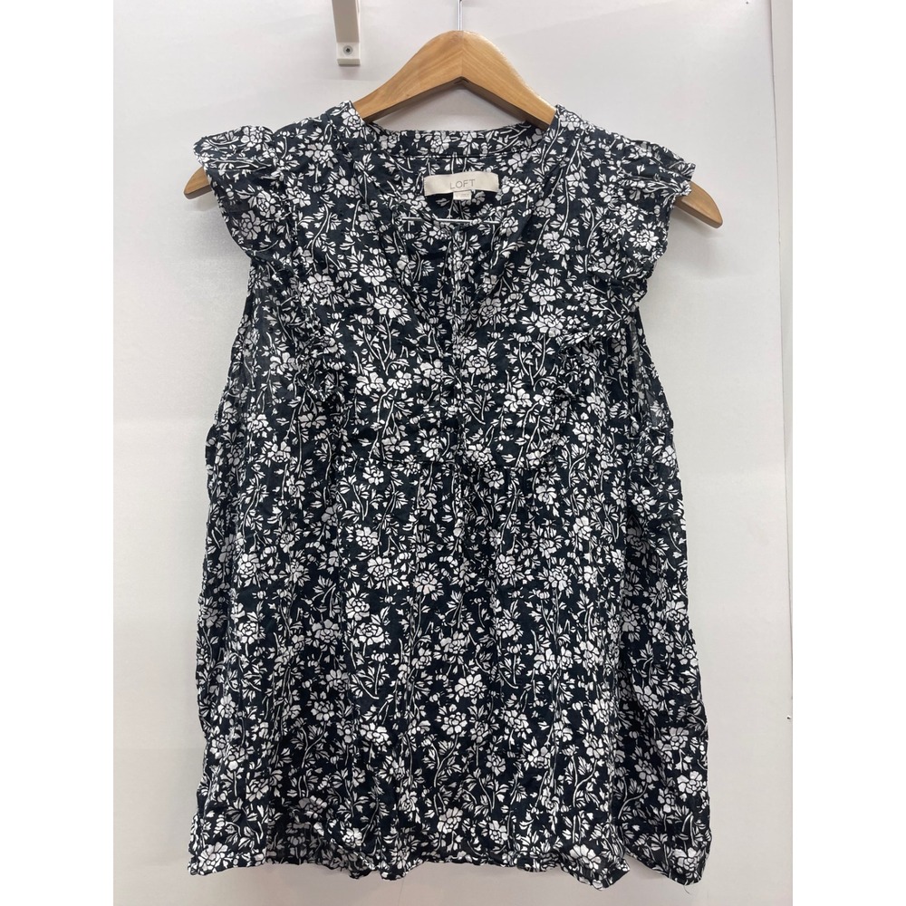 LOFT Womens Black White Floral Ruffle V-Neck Flutter Sleeve Blouse Large